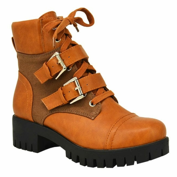 New Madigan Cognac/PU Combat Boot w Tw - Picture 2 of 12